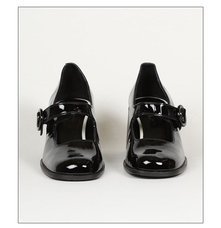 goosudu Woman‘s New Mary Janes Shoes Genuine Leather Shallow Square heel Pumps Buckle Strap Round Toe Lady Footwear