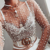 goosudu  See Through Diamond Beads Mesh Women Tops Black Long Sleeve Round Neck Short Tops Women Spring Skinny Fashion Streetwear