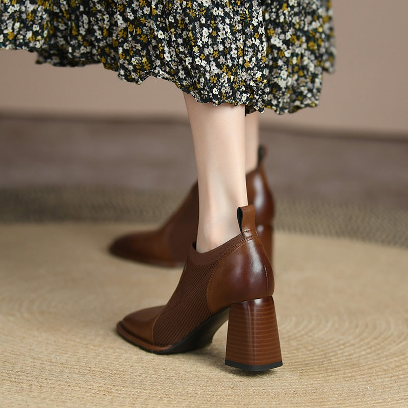 goosudu Spring/Autumn Women Party Prom Chunky Heel Pumps Genuine Leather Pumps Square Toe Loafers Woman High Heels Shoes for Women