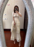 goosudu Summer Self Portrait Beige Pleated Dress Women Short Sleeve Lace Patchwork Cascading Ruffles Long Dress Female Layer Cake Dress