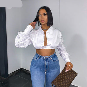 goosudu  Long Puff Sleeve Solid Botton Ruched Patchwork Tshirt Top Autumn Winter Women Fashion Sexy Party Club Outfits