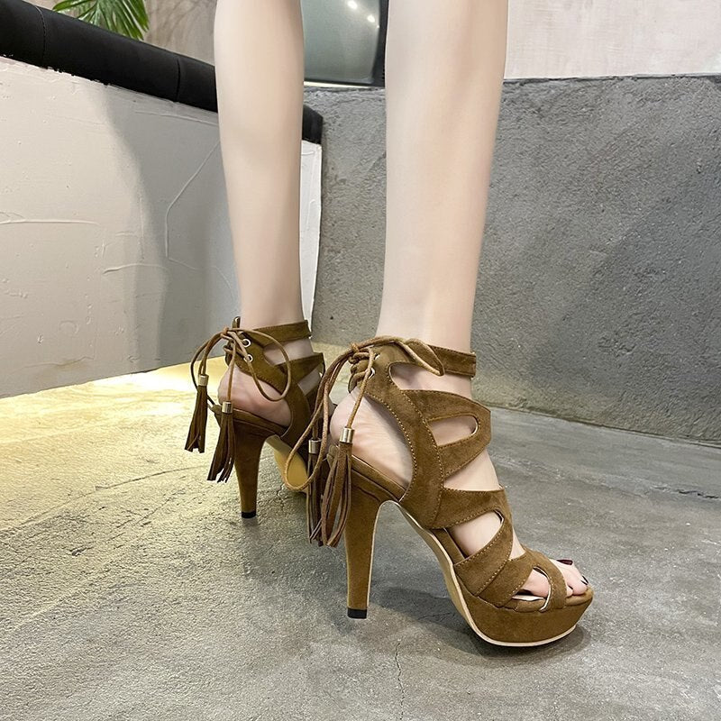 goosudu Women Platform Sandals Fashion 11cm Extra High Heels Peep Toe Flock Pumps Ladies Shoes Big Size 42 Dropshipping