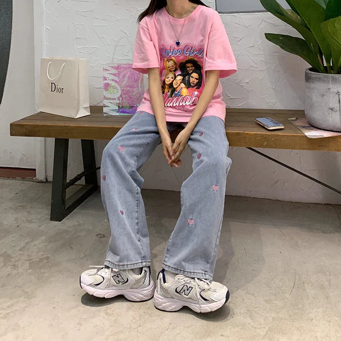 Women's Jeans Vintage Heart Shaped Embroidery Streetwear High Waist Wide Leg Pants Baggy Harajuku Straight Denim Trouser