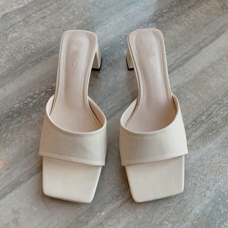 Summer New Women Slipper Fashion Candy Color Ladies Outdoor Beach Slides Square Med Heel Peep Toe Sandal Shoes
