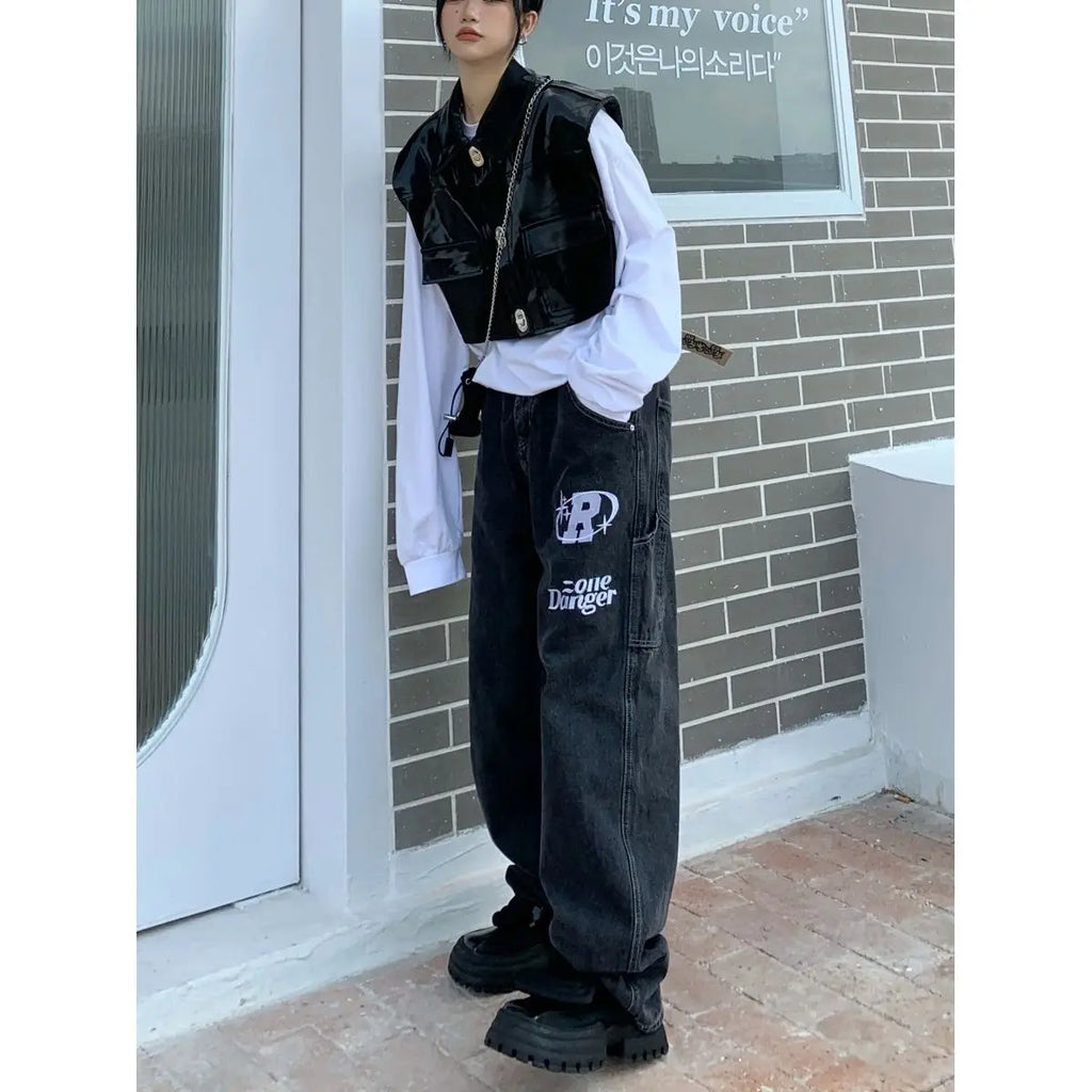 American street clothing retro trend pocket jeans female letter star print high waist casual oversized straight pants women