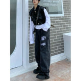 American street clothing retro trend pocket jeans female letter star print high waist casual oversized straight pants women