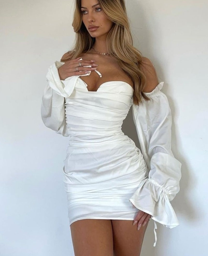 Goosudu Women Solid Long Loose Flare Sleeve With Drawstring Ruched Mini Dress spring  Autumn Streetwear Outfit Fashion Y2K