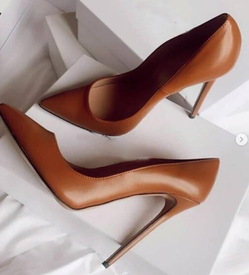 goosudu Brown Matte Leather High Heel Shoes Sexy Pointed Toe Women Pumps Super High 12/10cm Stiletto Heels Office Lady Shoes