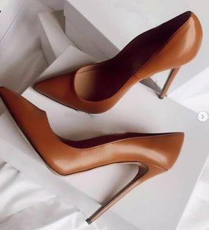 goosudu Brown Matte Leather High Heel Shoes Sexy Pointed Toe Women Pumps Super High 12/10cm Stiletto Heels Office Lady Shoes