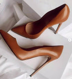 goosudu Brown Matte Leather High Heel Shoes Sexy Pointed Toe Women Pumps Super High 12/10cm Stiletto Heels Office Lady Shoes