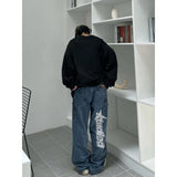 American street clothing retro trend pocket jeans female letter star print high waist casual oversized straight pants women