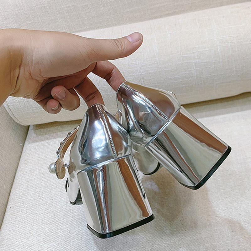 goosudu Luxury Designer Women Thick High Heels Shose Chain Square Toe Pumps Spring Square Toe Shoes Wedding Shoes Mary Jane Sandals