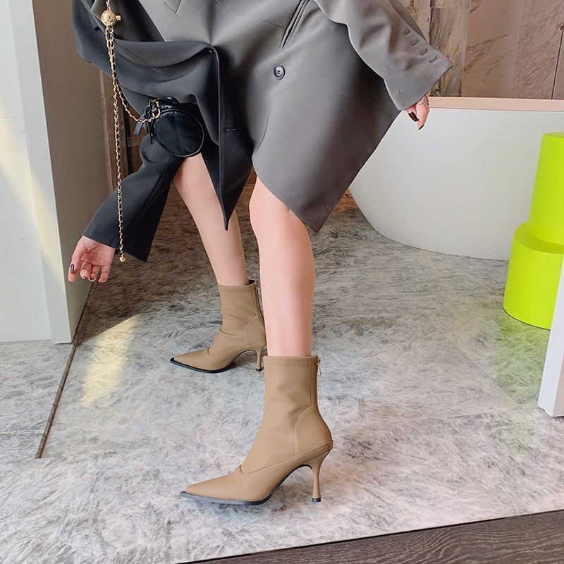 goosudu Pointed Toe Women Stretch Booties Sock Boots Black Brown Khaki Gray Shoes Thin High Heels Back Zipper Fashion Party Pumps Dress