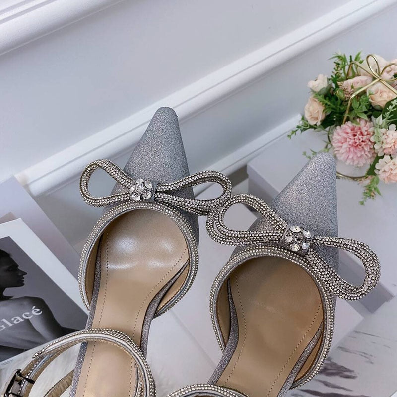 Summer Sexy Satin Slim Thin High Heel Bride Shoes Women Point Wrap Toe Crystal Sandals Ankle Buckle Luxury Wedding Shoes Mujer