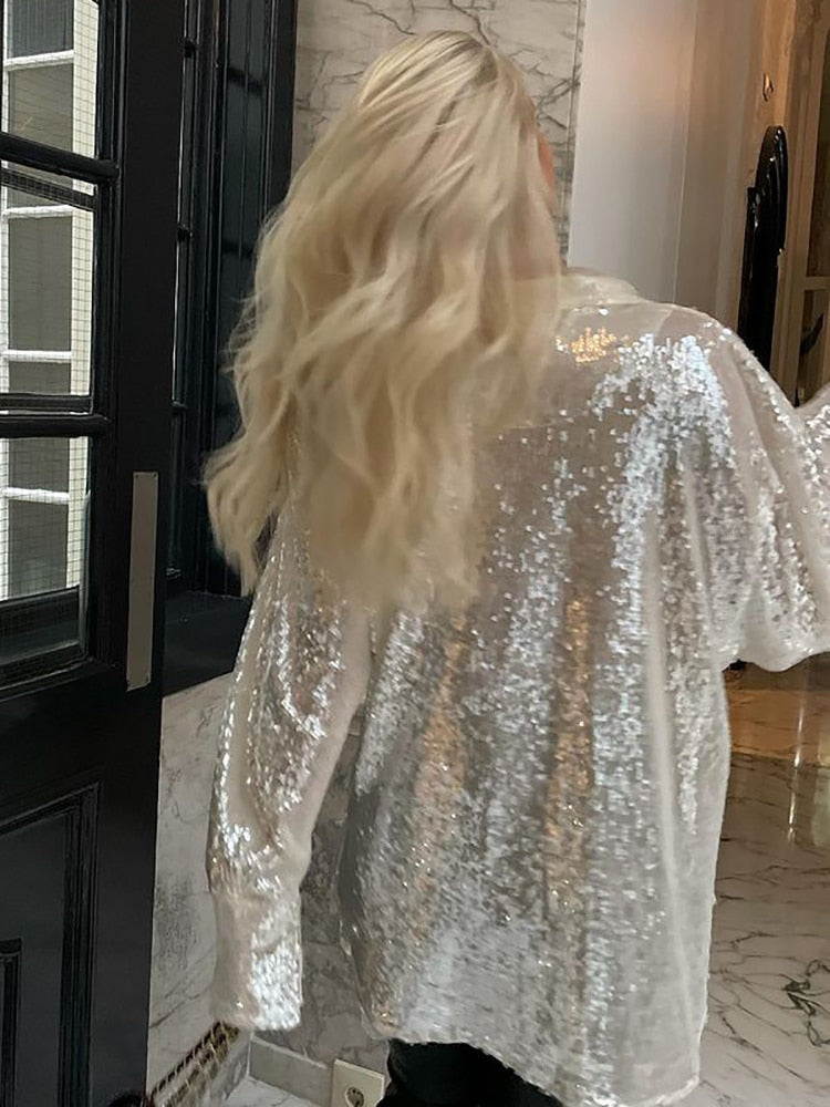 goosudu Turn-down Collar Sequin Woman Blouses White Long Sleeve Casual Elegant Blouses Women Spring Loose Fashion Plus Size Tops