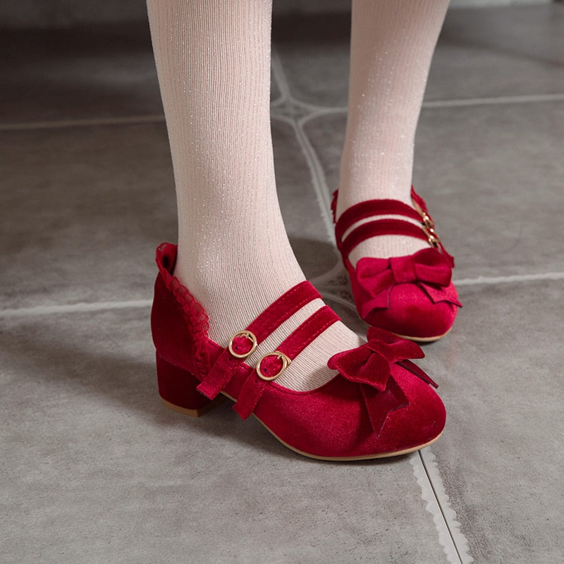 Woman's Med Heel Lolita Shoes Flock PU Leather Cute Bow Mary Jane Pumps Bride Wedding Cosplay Party Red Pink Black Size 34-43