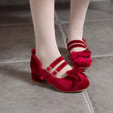 Woman's Med Heel Lolita Shoes Flock PU Leather Cute Bow Mary Jane Pumps Bride Wedding Cosplay Party Red Pink Black Size 34-43
