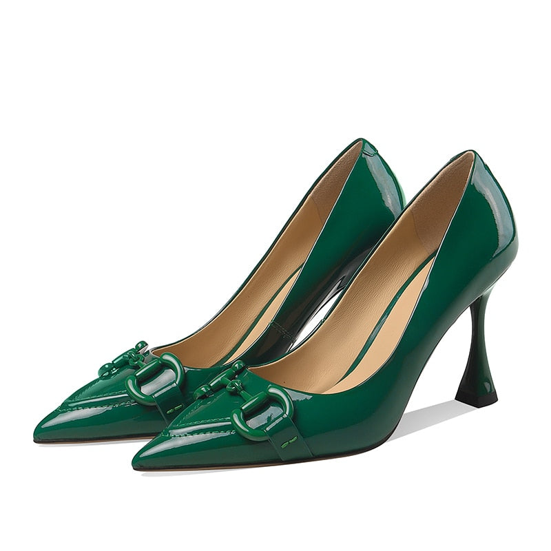 goosudu  Pumps Women Genuine Leather Pointed Toe Emerald Green Stiletto High Heels Spring Bride Shoes Party Wedding Shoes