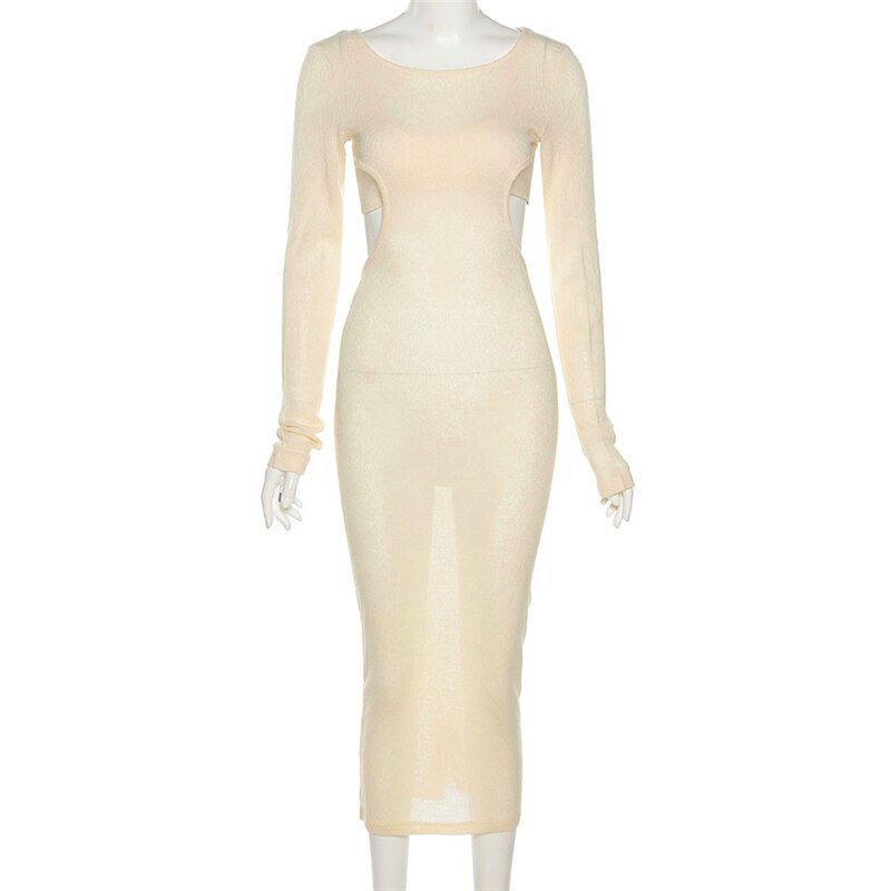 goosudu  Autumn Knitted Sexy See Through Long Sleeve Maxi Dress And Sleeveless Short Camisole Women Party Dresses Two Pieces Set