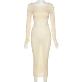goosudu  Autumn Knitted Sexy See Through Long Sleeve Maxi Dress And Sleeveless Short Camisole Women Party Dresses Two Pieces Set