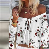 goosudu Elegant Lace-Up Tassel Chic Blouses Shirts  Summer Vintage Floral Print Boho Tops Women Sexy Off Shoulder Flare Sleeve Blusa