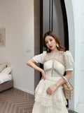 goosudu Summer Self Portrait Beige Pleated Dress Women Short Sleeve Lace Patchwork Cascading Ruffles Long Dress Female Layer Cake Dress