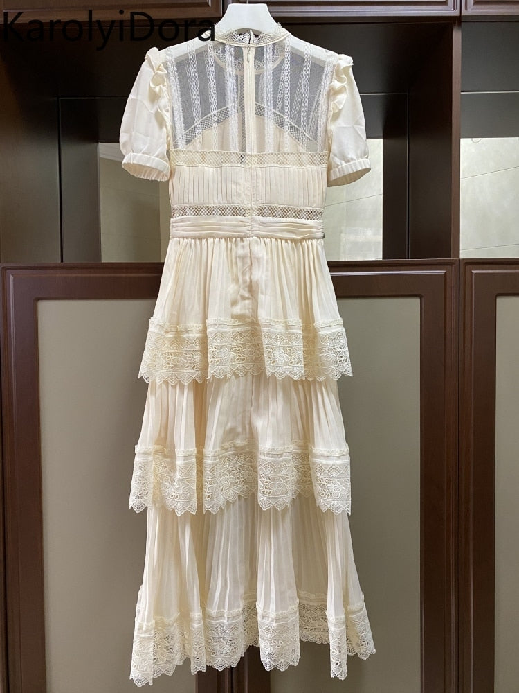 goosudu Summer Self Portrait Beige Pleated Dress Women Short Sleeve Lace Patchwork Cascading Ruffles Long Dress Female Layer Cake Dress