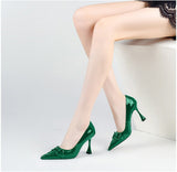 goosudu  Pumps Women Genuine Leather Pointed Toe Emerald Green Stiletto High Heels Spring Bride Shoes Party Wedding Shoes