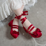 Woman's Med Heel Lolita Shoes Flock PU Leather Cute Bow Mary Jane Pumps Bride Wedding Cosplay Party Red Pink Black Size 34-43