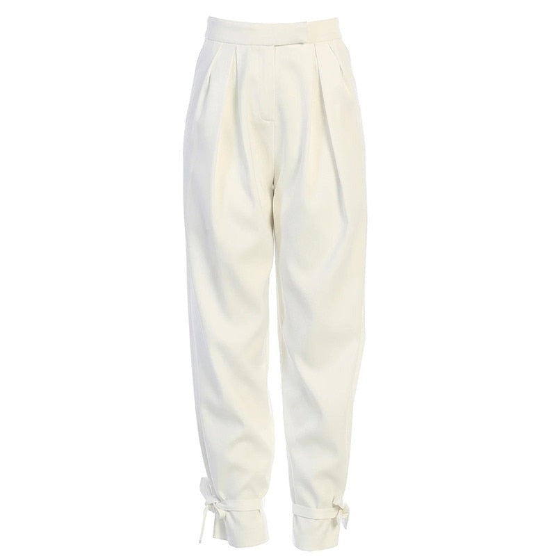 Goosudu  Satin Lace Up High Waist Harem Pants Zipper Women Autumn Pleated Loose Pockets Long Trousers Casual Office Ladies Pant
