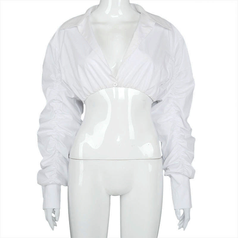 goosudu  Long Puff Sleeve Solid Botton Ruched Patchwork Tshirt Top Autumn Winter Women Fashion Sexy Party Club Outfits