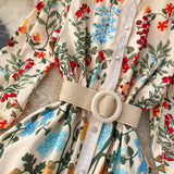 Women Vintage Print Dress Autumn Stand Collar Button Puff Sleeve Long Robe Fashion Chic Flower Streetwear Maxi Dresses