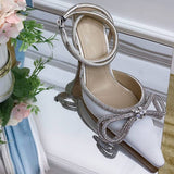 Summer Sexy Satin Slim Thin High Heel Bride Shoes Women Point Wrap Toe Crystal Sandals Ankle Buckle Luxury Wedding Shoes Mujer