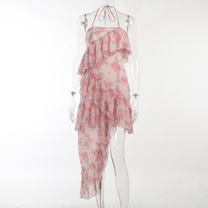 goosudu Fairy Dress Ruffled Breast Wrap Strap Dress Women's Spring Summer Midi Flower Halterneck  Boho Dress Beach Dress Sundress