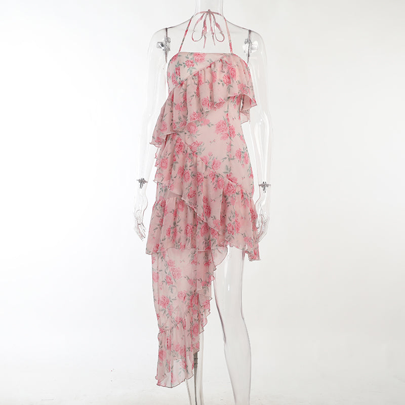 goosudu Fairy Dress Ruffled Breast Wrap Strap Dress Women's Spring Summer Midi Flower Halterneck  Boho Dress Beach Dress Sundress