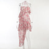 goosudu Fairy Dress Ruffled Breast Wrap Strap Dress Women's Spring Summer Midi Flower Halterneck  Boho Dress Beach Dress Sundress