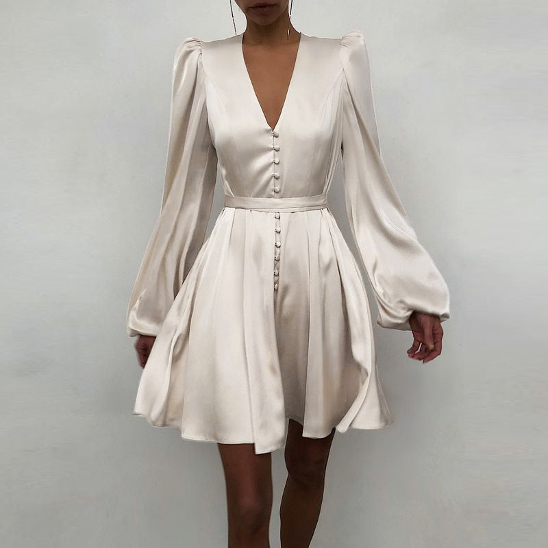 goosudu Women Silk Dress Celmia Satin Mini Robe Summer Elegant Party Wrap Evening Dress Long Lantern Sleeve V Neck Solid Vestidos