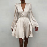 goosudu Women Silk Dress Celmia Satin Mini Robe Summer Elegant Party Wrap Evening Dress Long Lantern Sleeve V Neck Solid Vestidos