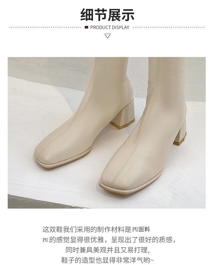 goosudu New Winter Style with Fleece Medium Chunky Heel Knight Boots Women's High Tube Thinner-looked High Heel Shorty Long Boots