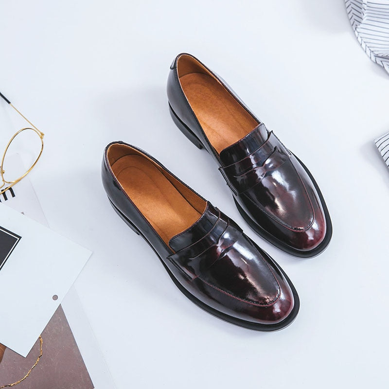 goosudu ladies Leather shoes British style plus size 22-26.5cm women pumps loafers lazy shoes womens platform heels black shoes