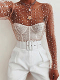 goosudu  See Through Diamond Beads Mesh Women Tops Black Long Sleeve Round Neck Short Tops Women Spring Skinny Fashion Streetwear