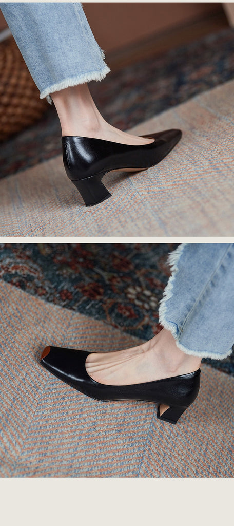 Women Pumps natural leather shoes plus size 22-26.5 cm length Cowhide upper Square head stitching fashion casual womans shoes