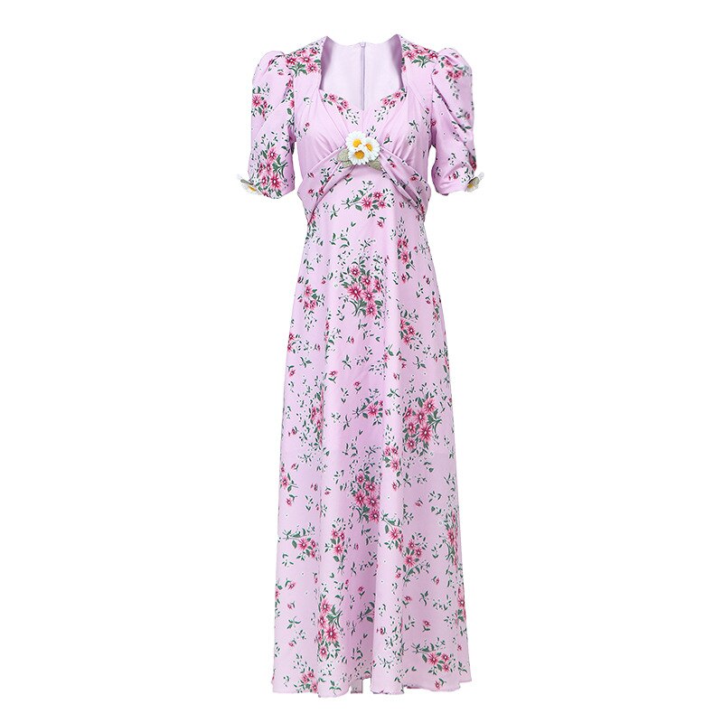 Retro Palace Pink Daisy Print Silk Party Dress Puff Sleeve Female Elegant Maxi Dresses Beach Women Square Collar Holiday Robe