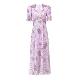 Retro Palace Pink Daisy Print Silk Party Dress Puff Sleeve Female Elegant Maxi Dresses Beach Women Square Collar Holiday Robe