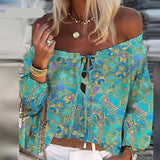 goosudu Elegant Lace-Up Tassel Chic Blouses Shirts  Summer Vintage Floral Print Boho Tops Women Sexy Off Shoulder Flare Sleeve Blusa
