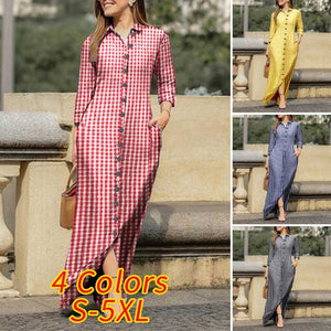 goosudu  Women Long Sleeve Long Maxi Dress Summer Vintage Checked Plaid Turn Down Neck Shirt Dresses Button Up Party Vestidos Robe