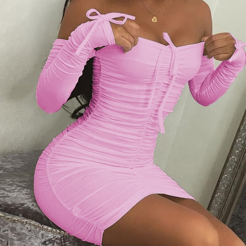 goosudu Spring Summer Fashion Solid Party Sexy Slim Dresses Women Elegant Long Sleeve Ruched Club Dress Mini Tight Strapless