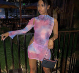goosudu Long Sleeve One-Shouler Tie Dye Hollow Out Mesh See Through Mini Dress Spring Summer Women Fashion Sexy Partywear