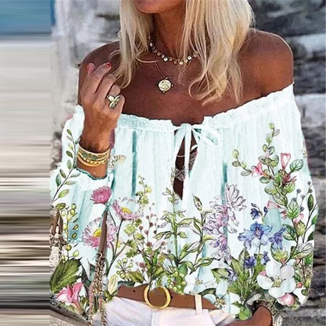 goosudu Elegant Lace-Up Tassel Chic Blouses Shirts  Summer Vintage Floral Print Boho Tops Women Sexy Off Shoulder Flare Sleeve Blusa