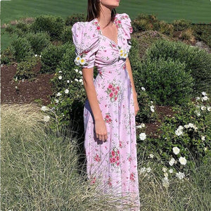Retro Palace Pink Daisy Print Silk Party Dress Puff Sleeve Female Elegant Maxi Dresses Beach Women Square Collar Holiday Robe